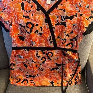 Koi Vibrant Floral Wrap Blouse - Orange and Black
